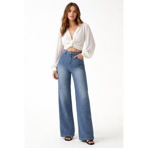 Jaded London Slouchy Fit Wide Leg Denim Jeans in Blue & White Size 28